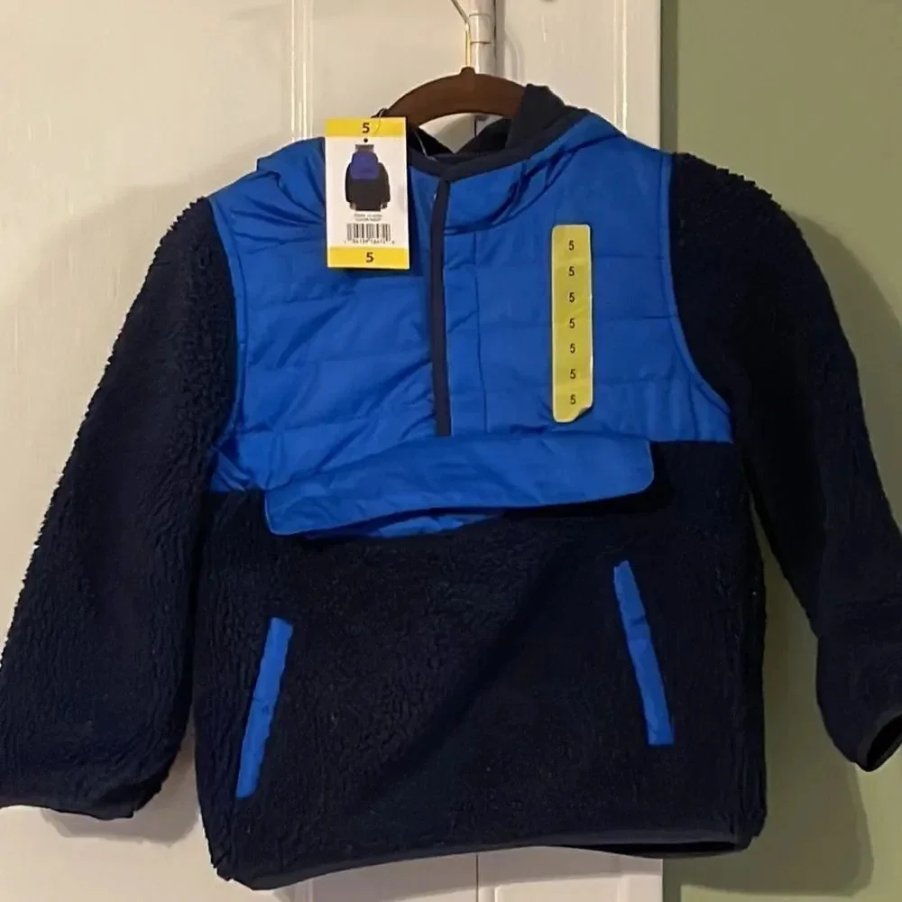#12 1 Madison Sherpa Pullover Winer Jacket with Hood & Pront Pouch Blue Size 5